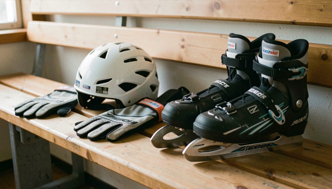 Auf einer Holzbank in der Kabine liegen Handschuhe, Helm und ein Paar frisch geschliffene Schlittschuhe nebeneinander.