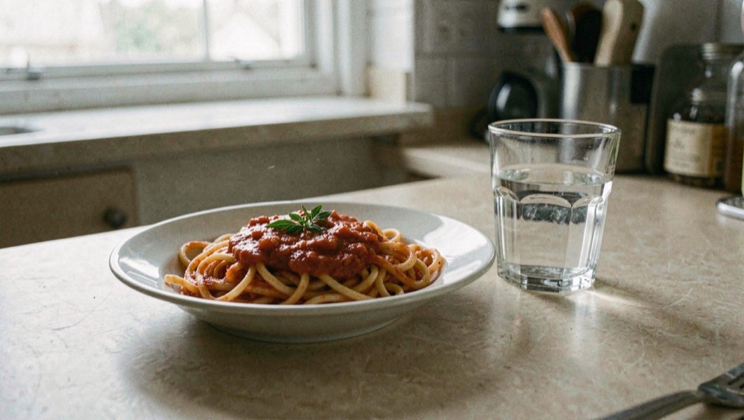 Ein Teller Nudeln mit Tomatensauce steht am Nachmittag auf einem einfachen Küchentisch, daneben ein Glas Wasser.