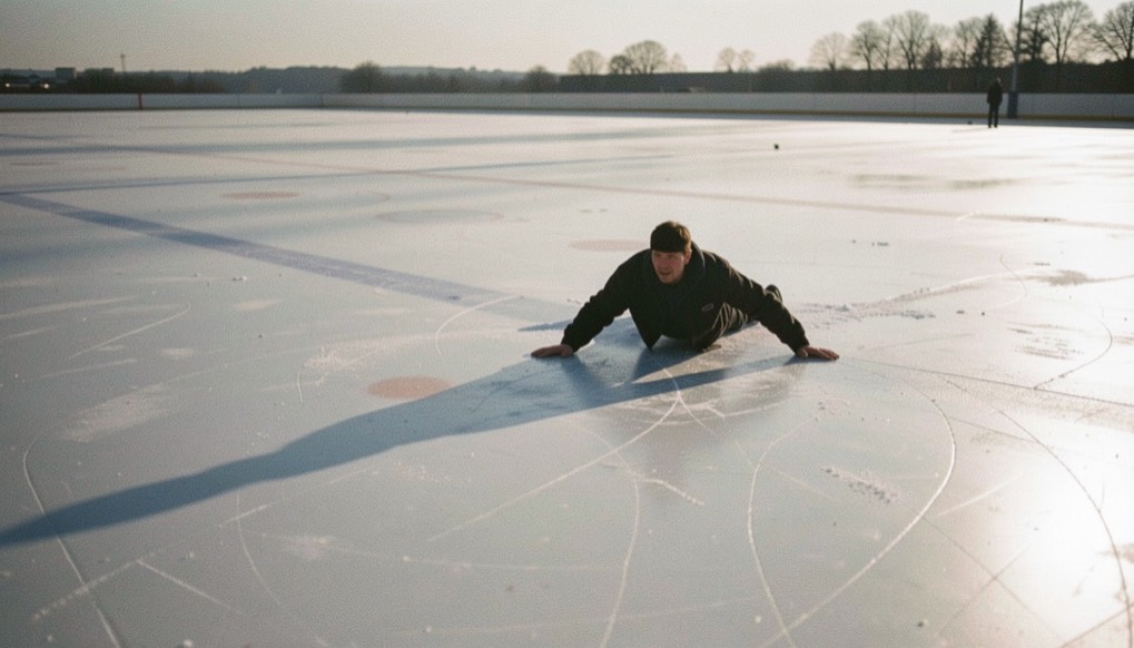 Ein Spieler dehnt sich am Rand der leeren Eisfläche, das Flutlicht wirft lange Schatten über die Linien.