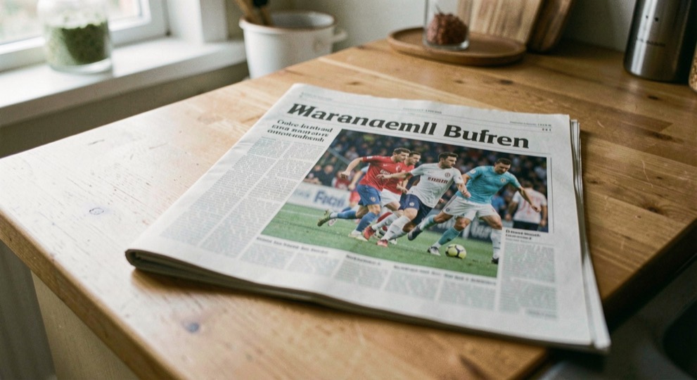 Eine aufgeschlagene Zeitungsseite mit Sportmeldungen liegt auf einem Küchentisch, ein Artikel ist umrandet.